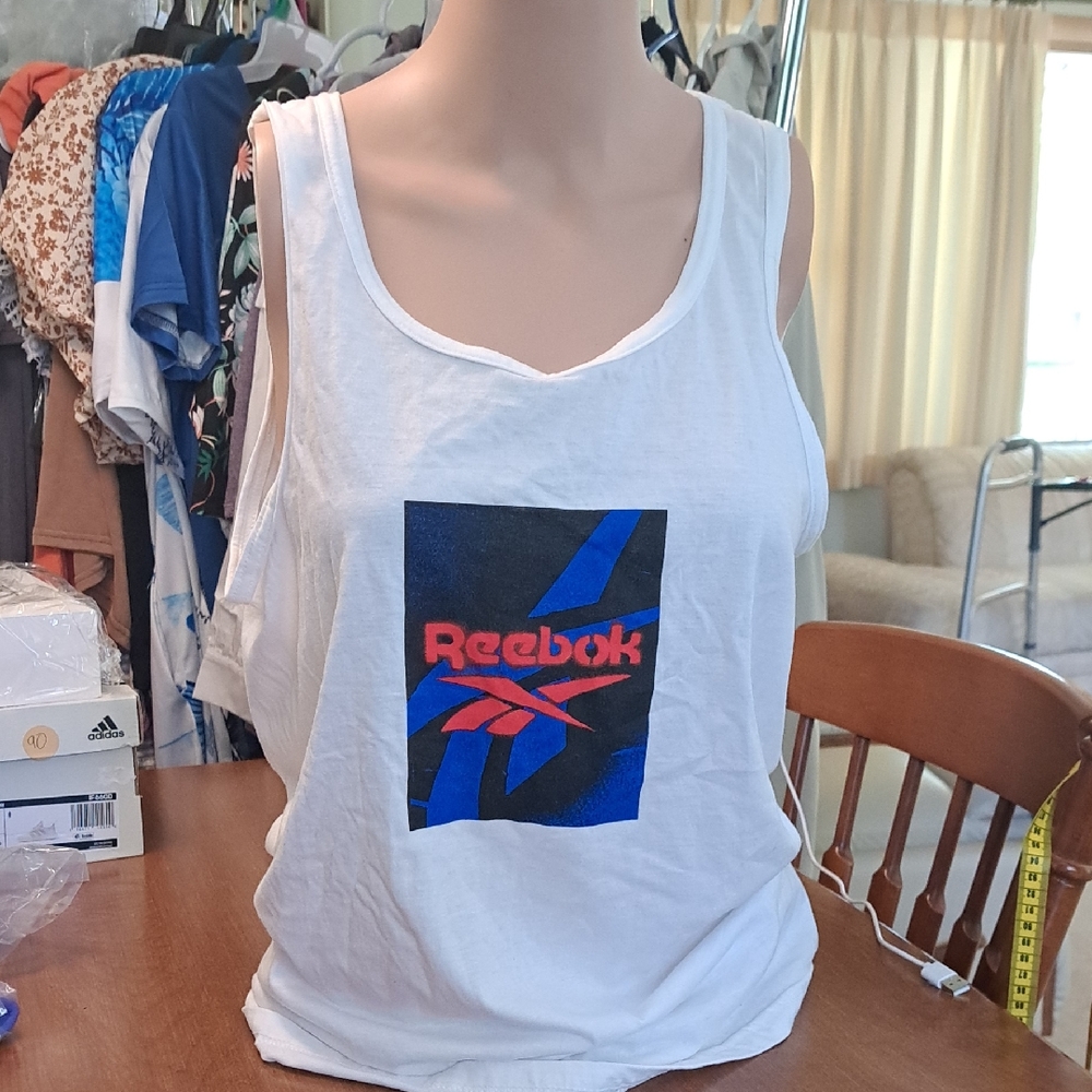 Reebok Unisex White Tank with Red and Blue Logo